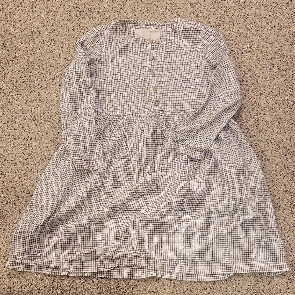 Not Perfect Linen Mama Long Sleeve Dress White Black Check Small
